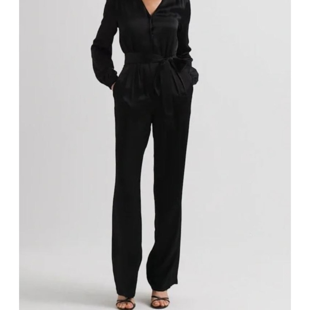 White House Black Market WHBM Black Satin Long Sleeve Jumpsuit 0 570385389